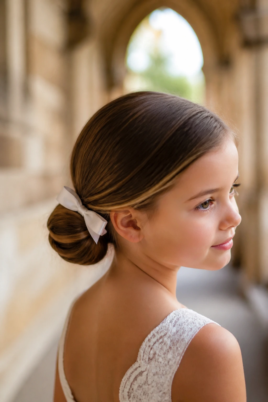 Close-up of a real child with a satin bow bun in a church setting.