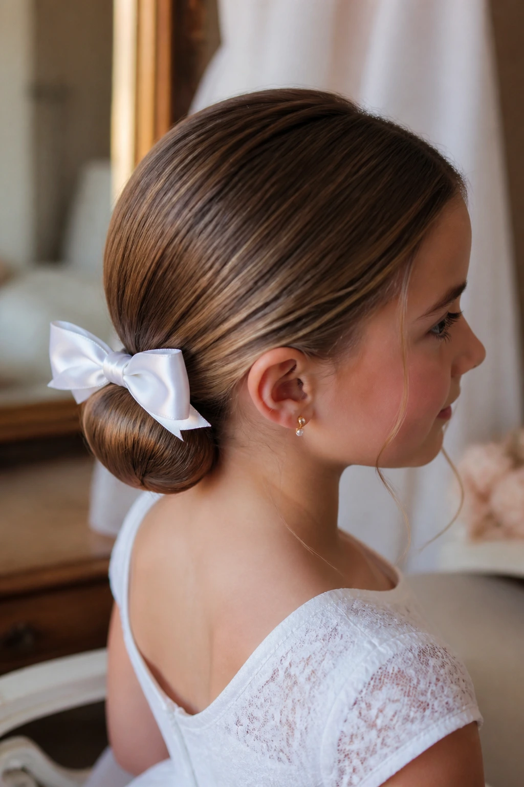 Close-up of a girl wearing a low satin bow bun with polished ends.
