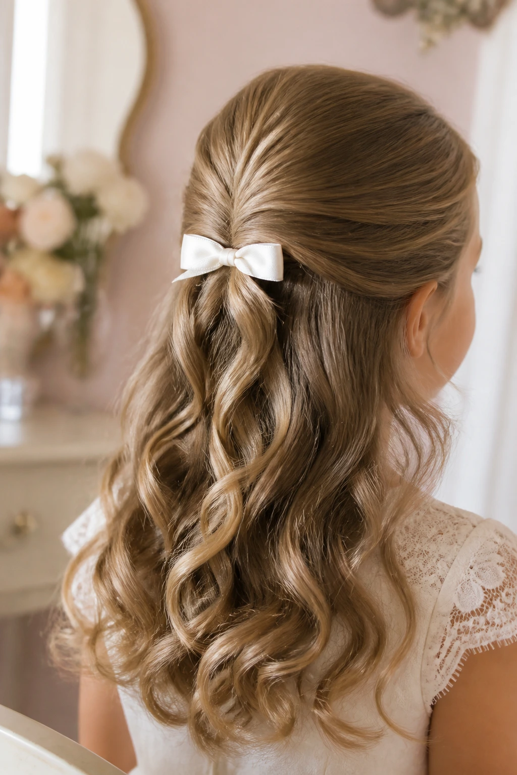 Close-up of a girl with satin bow and soft curls in a half-up style