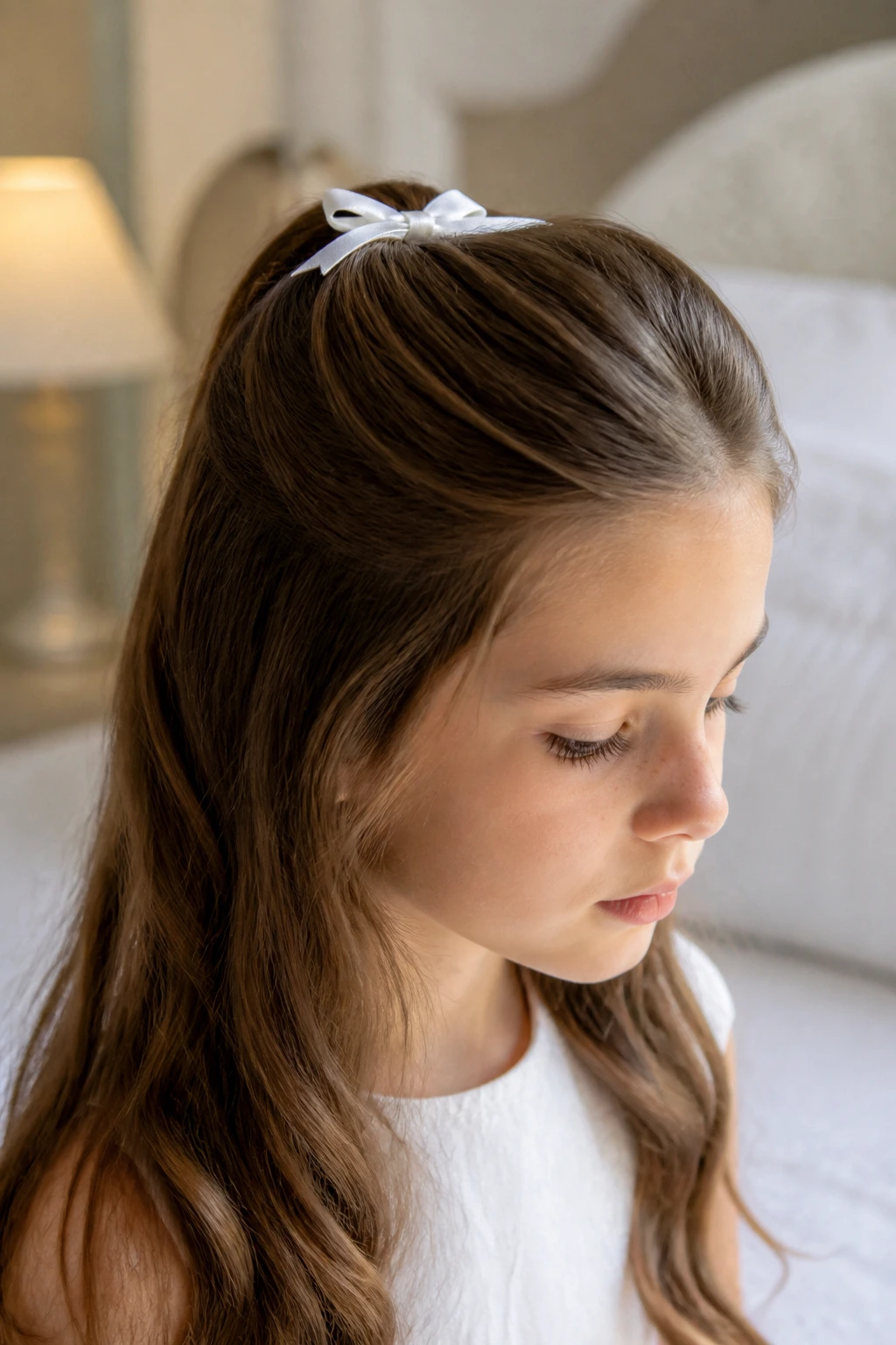 Real girl wearing a slim satin bow in a half-up hairstyle