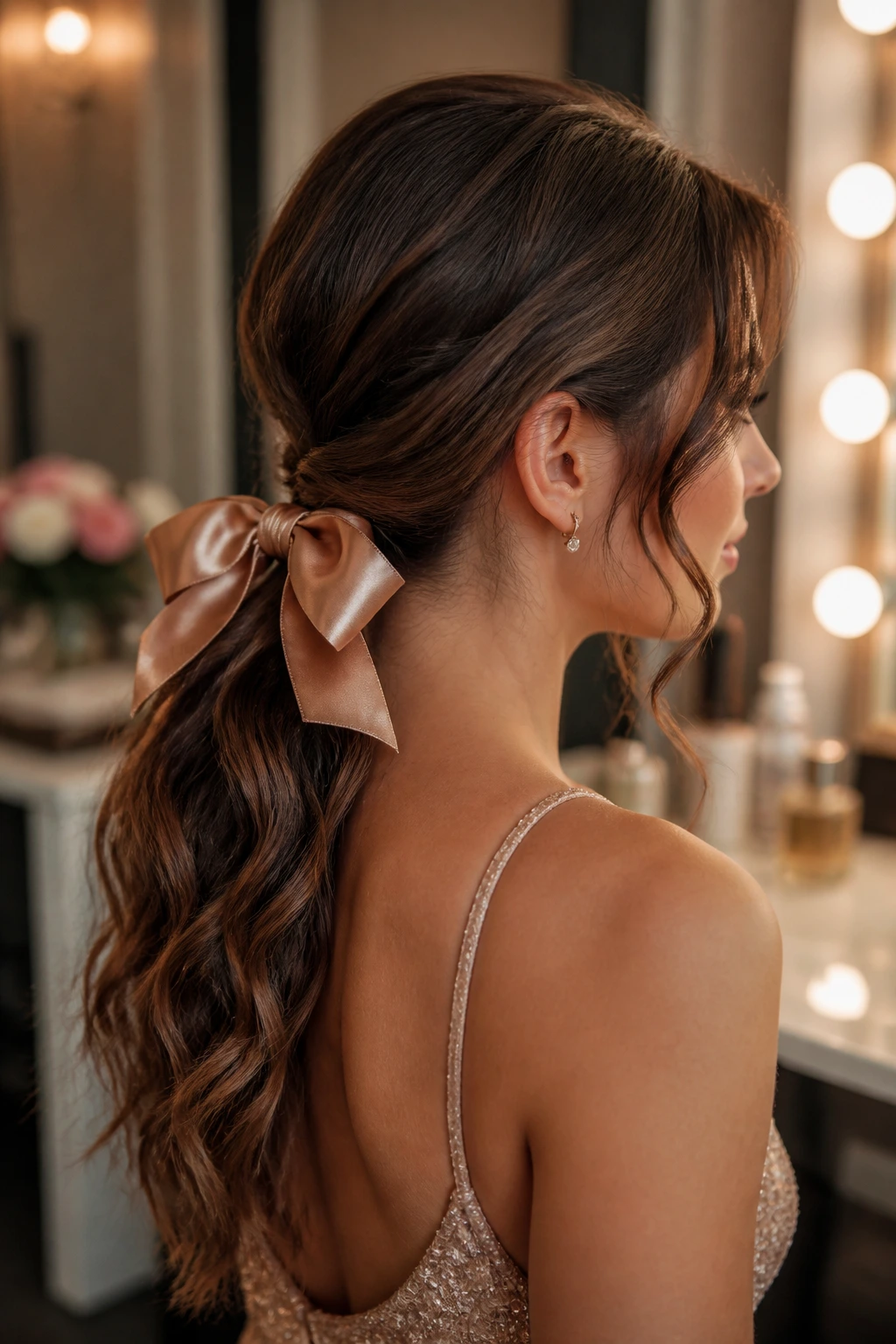 Close-up of a woman with a satin-bow low ponytail in a warm dressing room