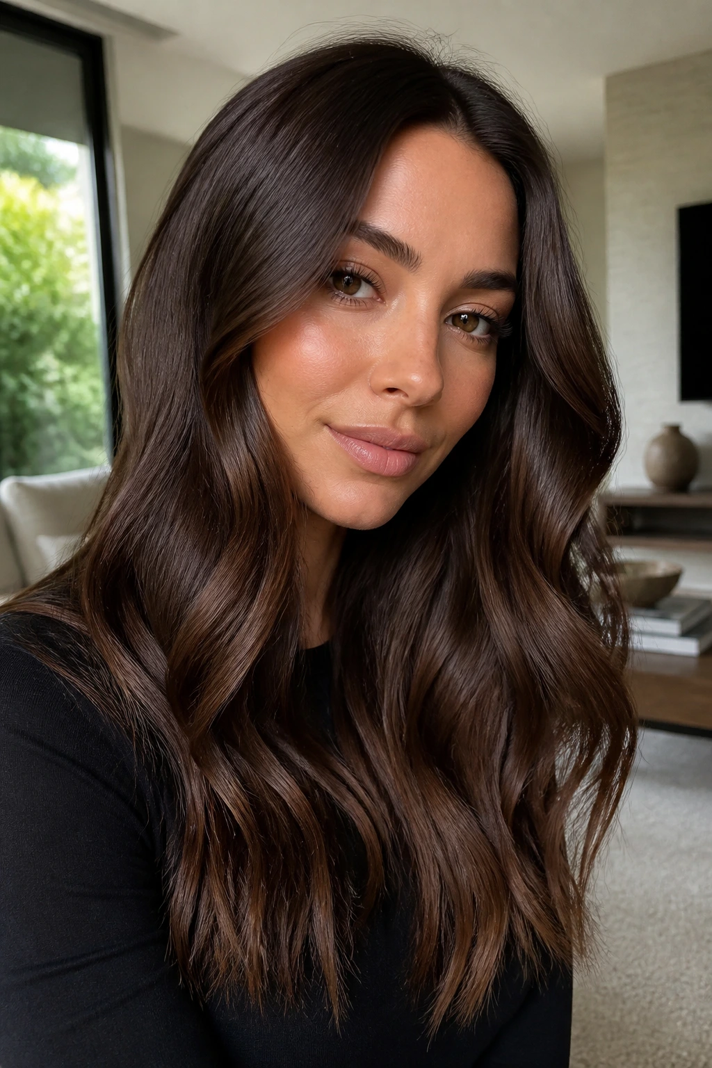 Close-up of a real woman with satin brunette gloss and reflective smooth hair.