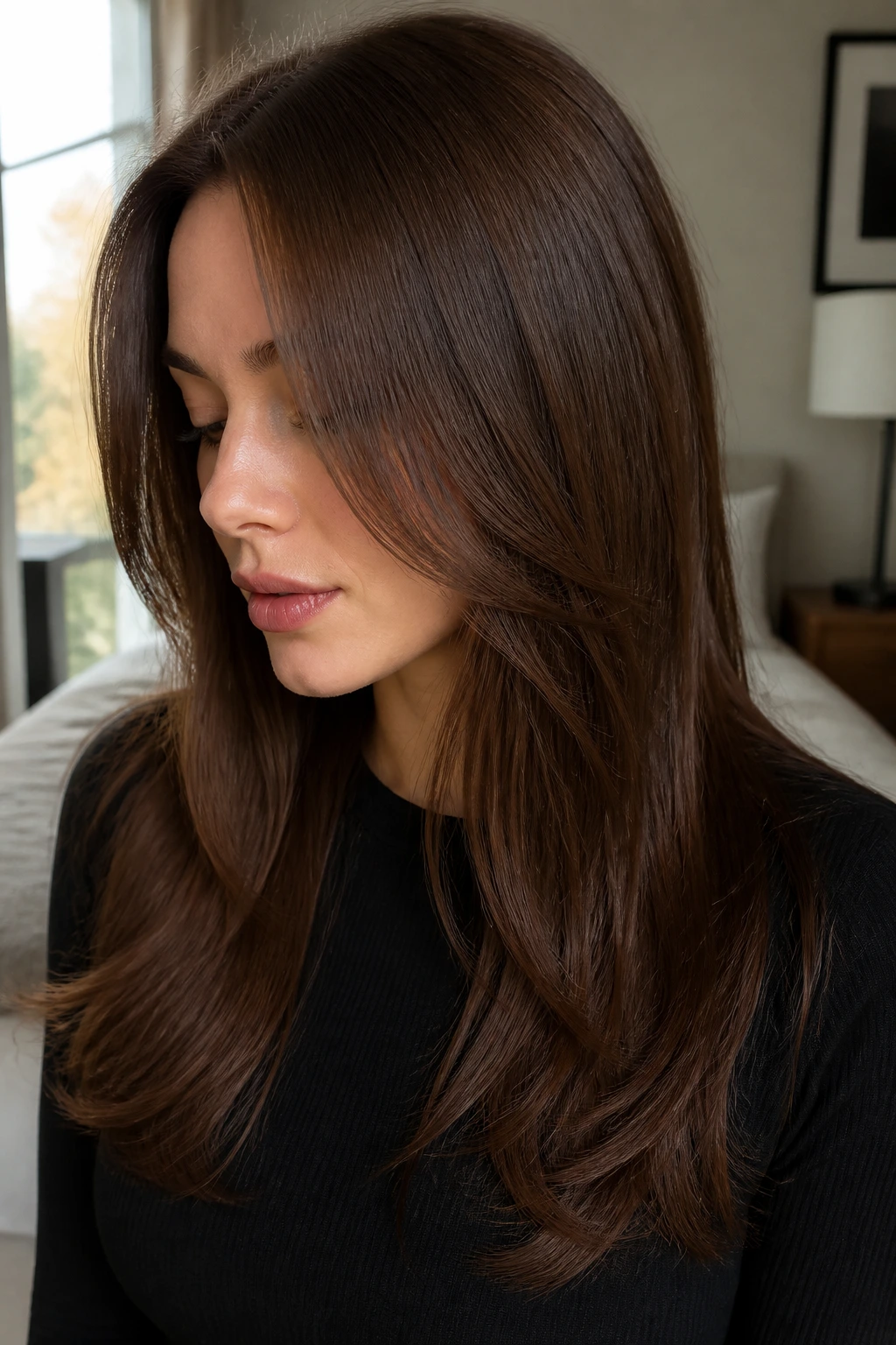 Close-up of satin chestnut hair with invisible layers on a real person.