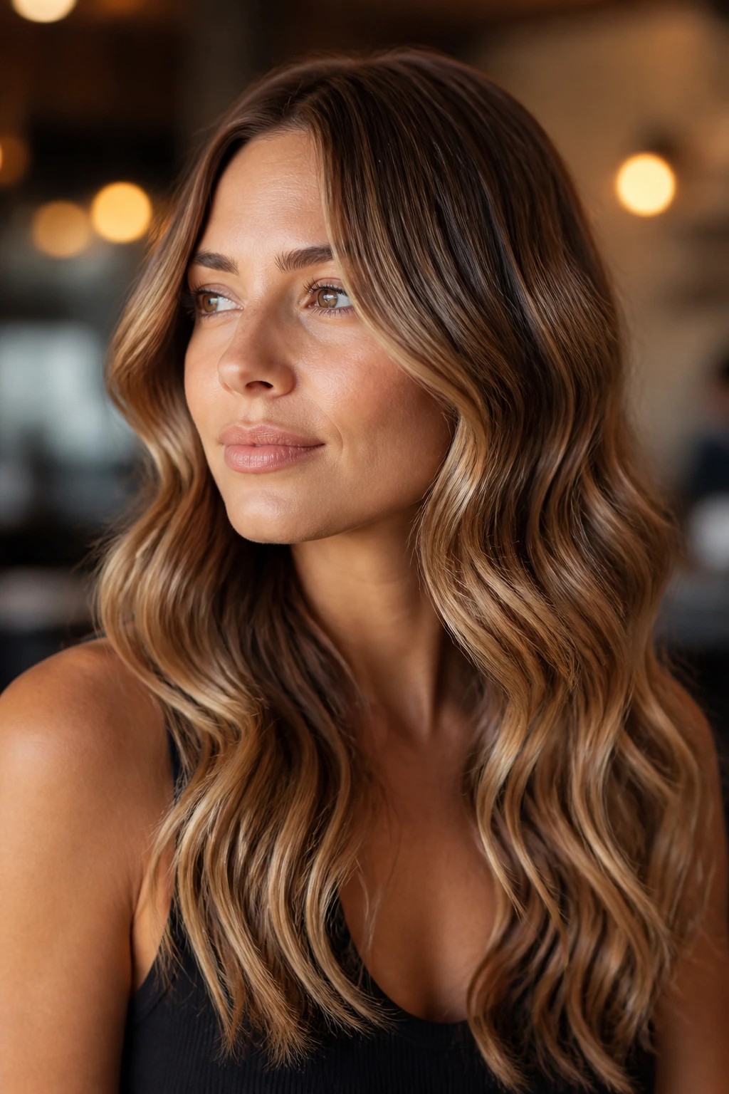 Close-up of a real woman with satin-finish waves and controlled shine