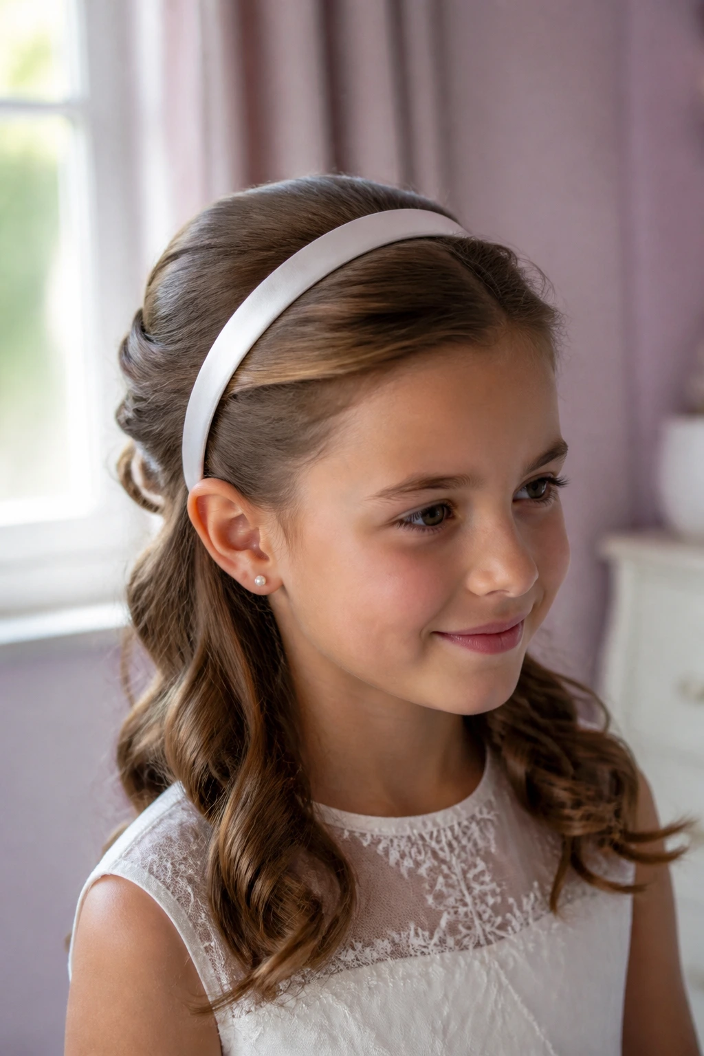 Close-up of a real child wearing a satin headband half-up hairstyle in soft natural light.