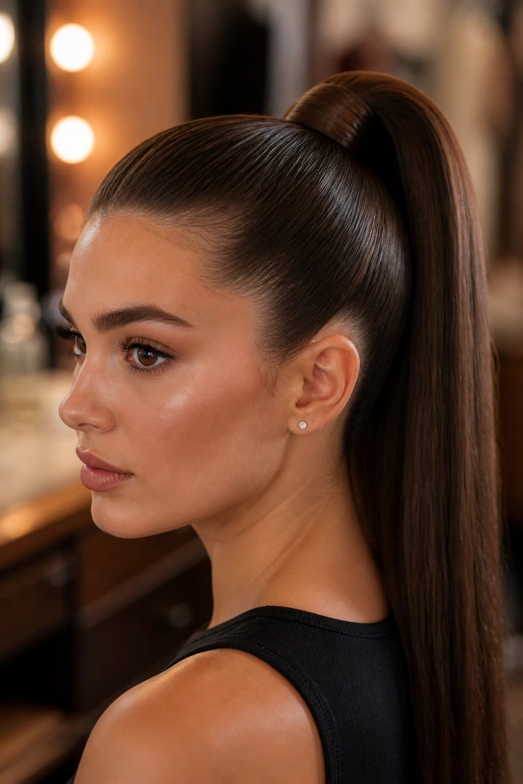 Close-up of a woman with a satin high ponytail and wrapped base.