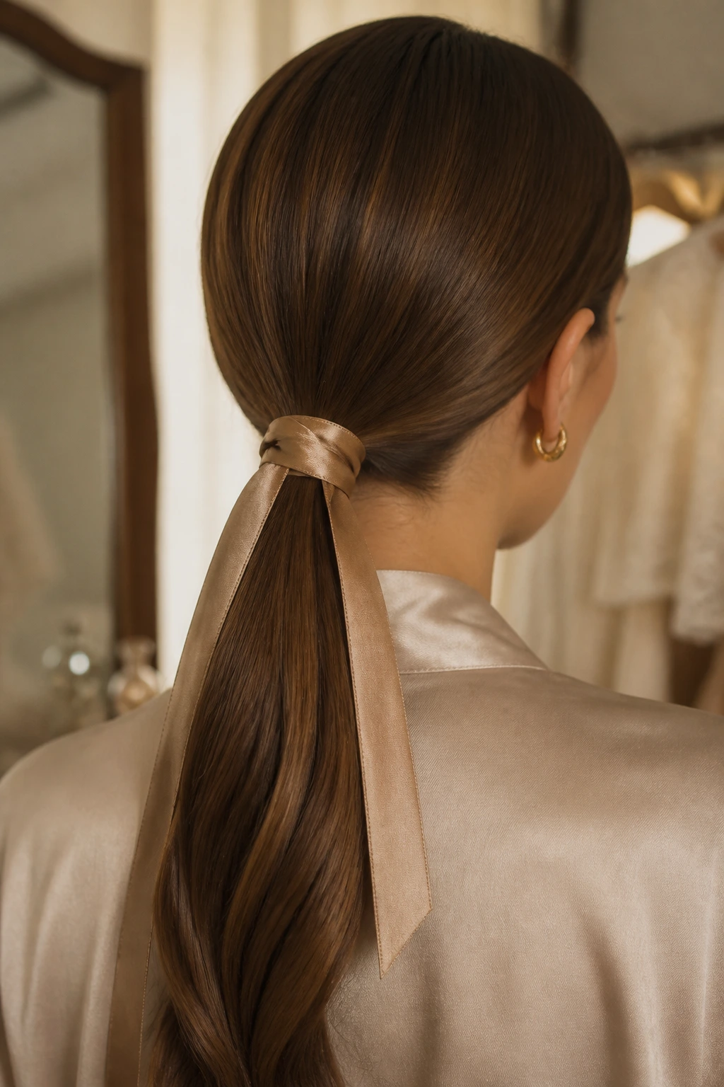 Close-up of a woman with a satin knot tied at the base of a low ponytail in a dressing-room setting.