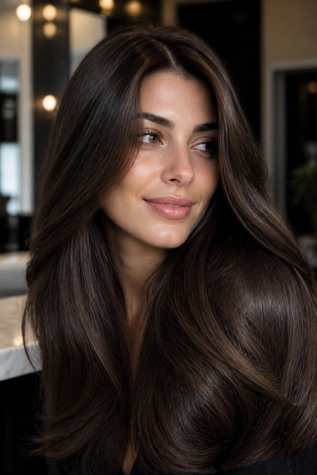 Real person with deep brunette glossy satin mocha all-over color