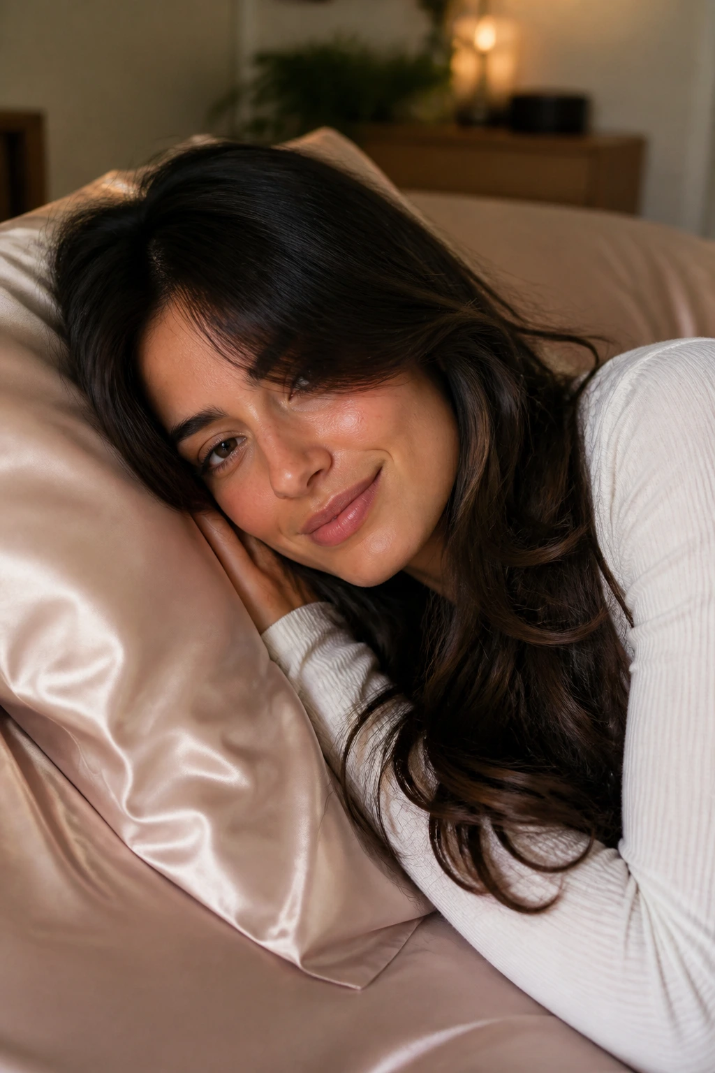 Real person at home with satin pillowcase preserving butterfly shag layers