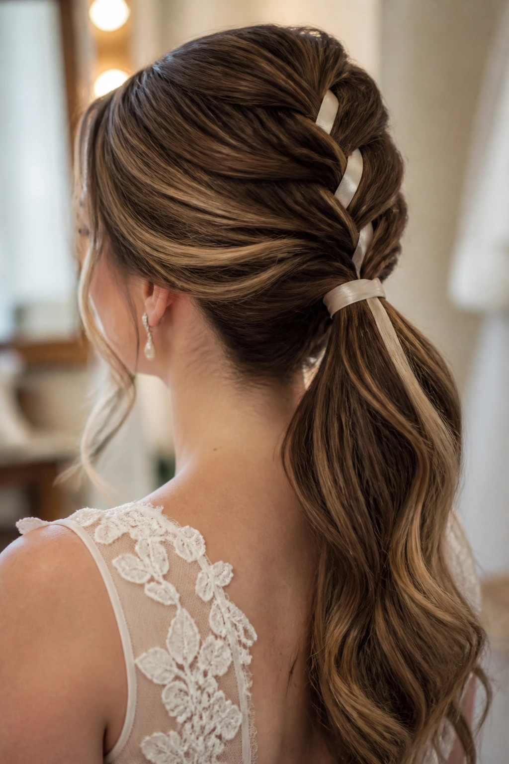 Close-up of a real bride with a satin-ribbon braided ponytail