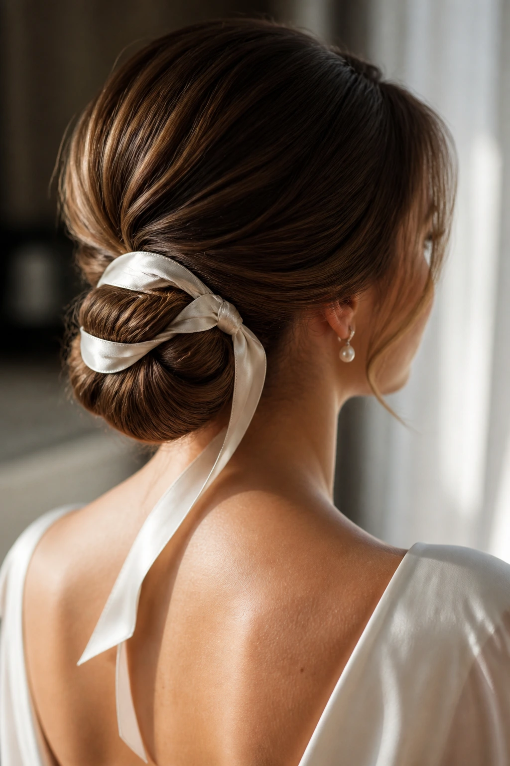 Close-up of a satin ribbon bun on a real bride in soft bridal suite light