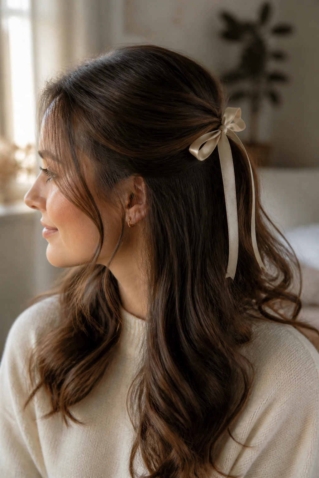 Close-up of a woman with a satin ribbon half-up hairstyle tied at the crown