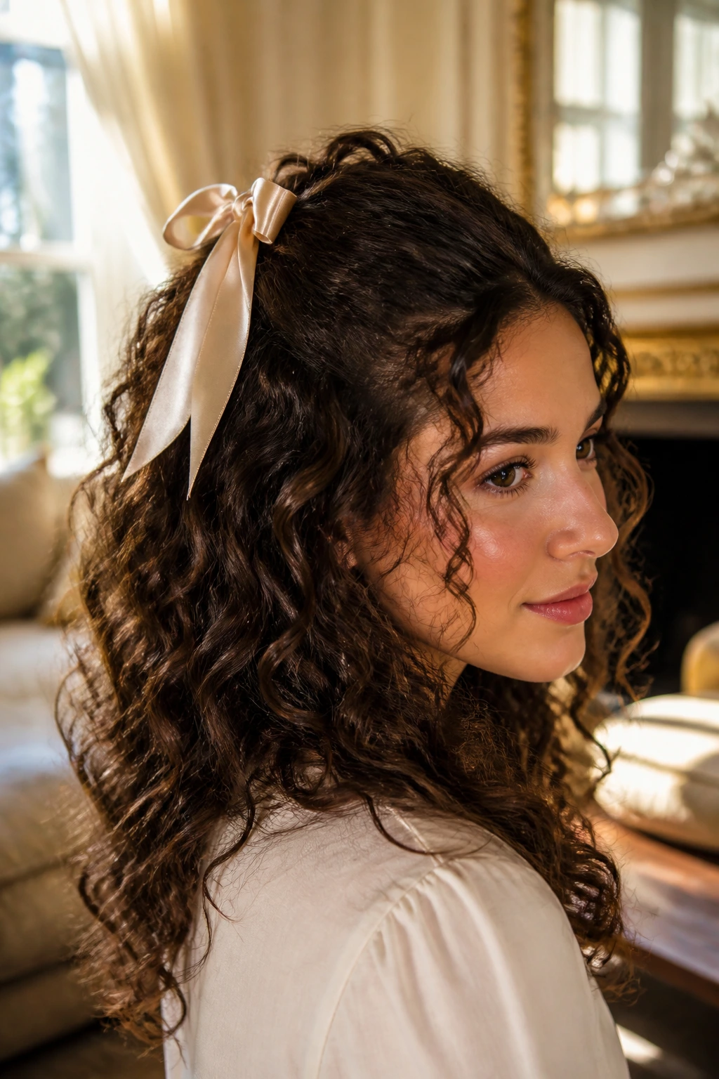 Close-up of a real woman with satin ribbon half-up hairstyle