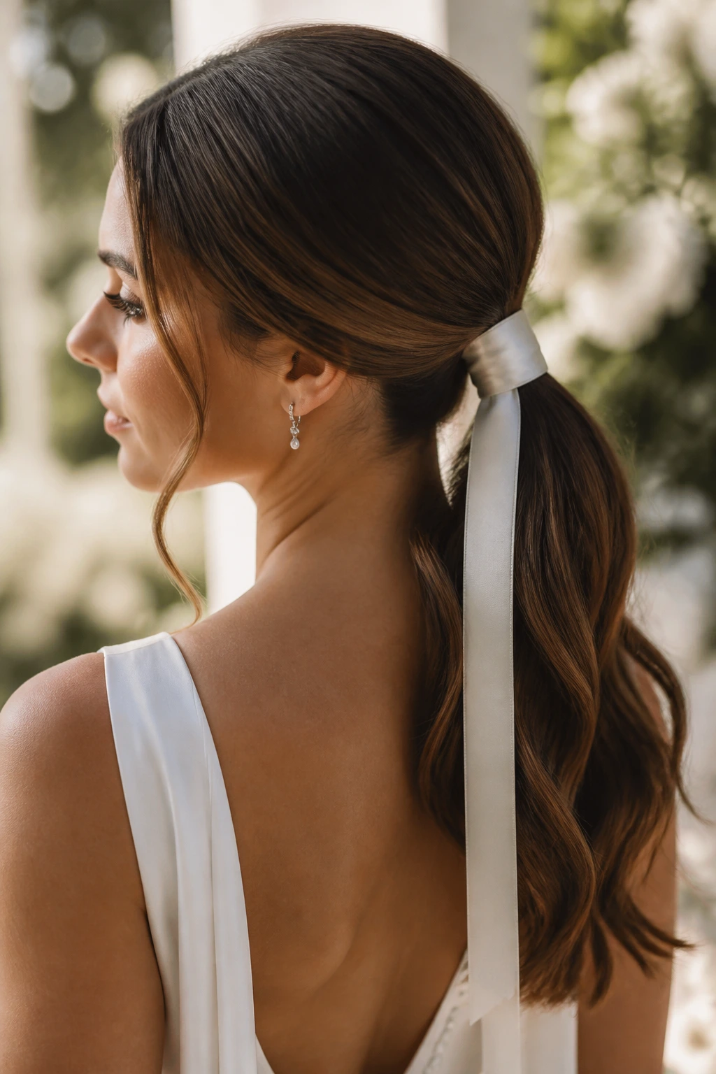 Satin ribbon ponytail on a real bride in a sunlit room