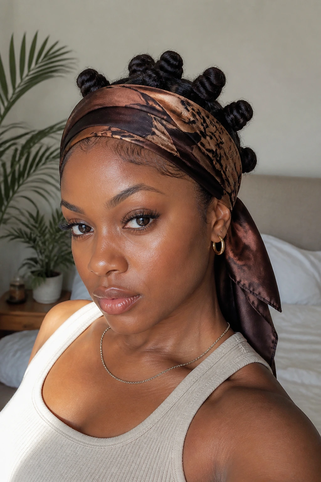 Close-up portrait of a real person with satin scarf wrapped Bantu knots