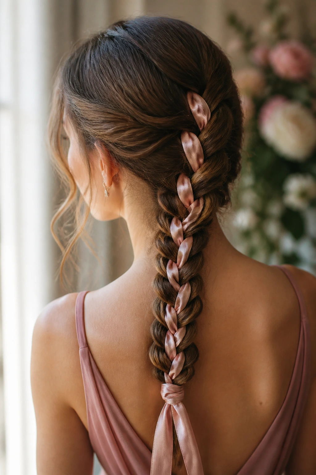 Close-up of real bridesmaid with satin scarf woven into a braid