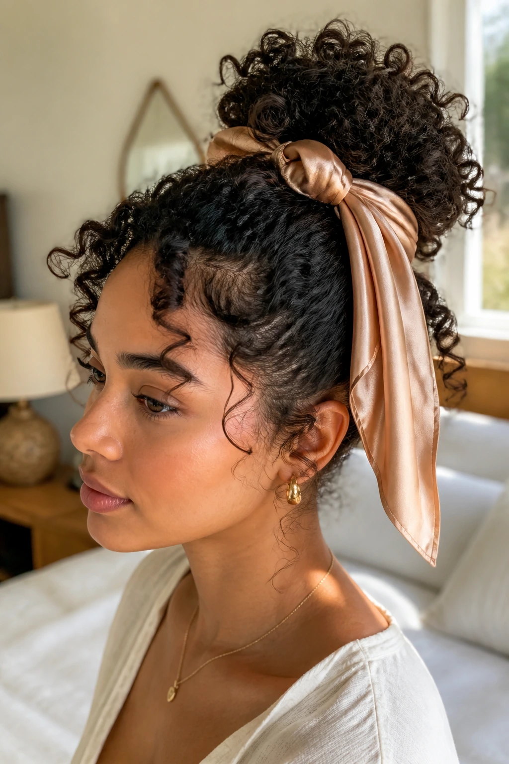 Close-up of a real woman with a satin scarf wrapped bun in morning light
