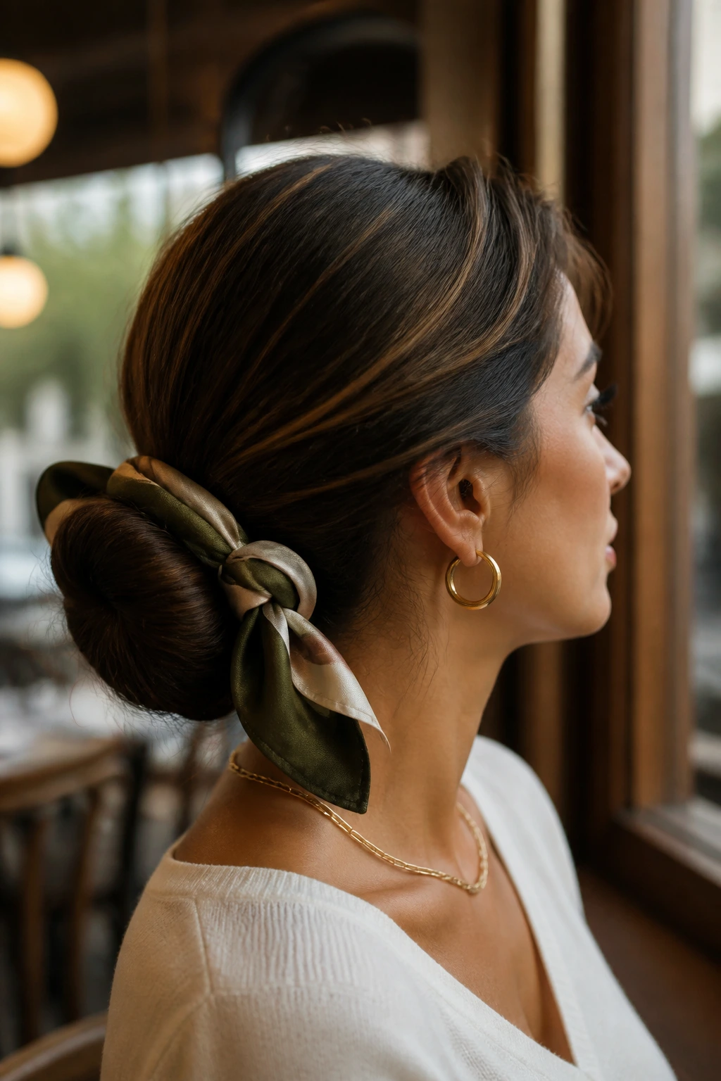 Portrait of a real woman with a satin scarf tied around a low bun