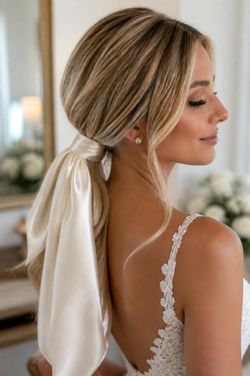 Real bride with satin scarf tied around a low ponytail in a softly lit room