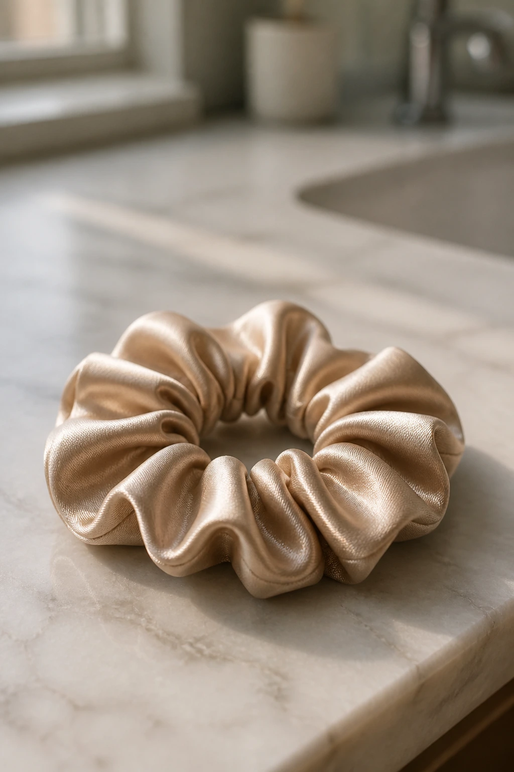 Satin scrunchie on a bathroom counter as a representative hair tool