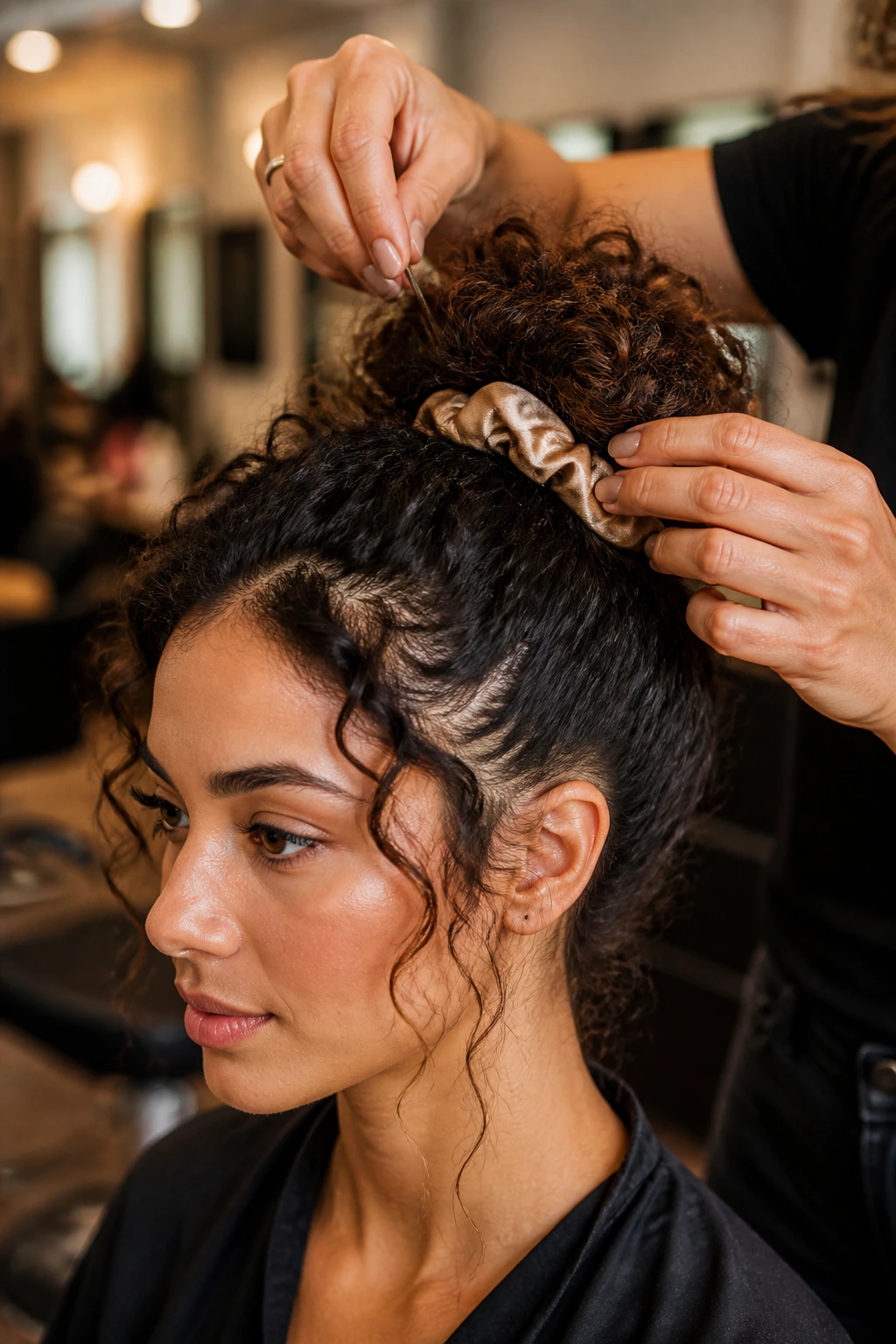 Close-up of a real person in a salon using tools to shape a curly bun.