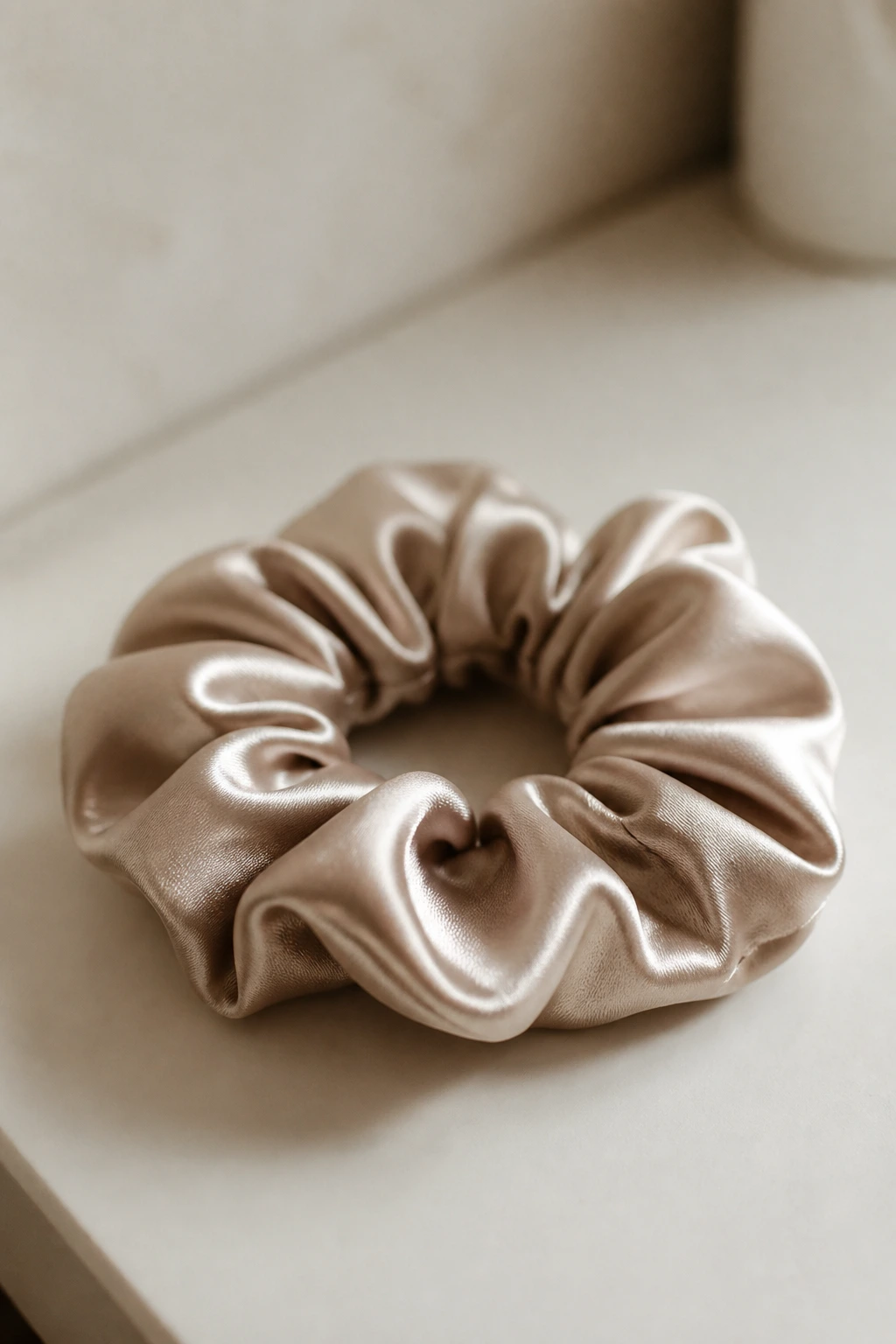 Close-up of a satin scrunchie on a clean vanity surface