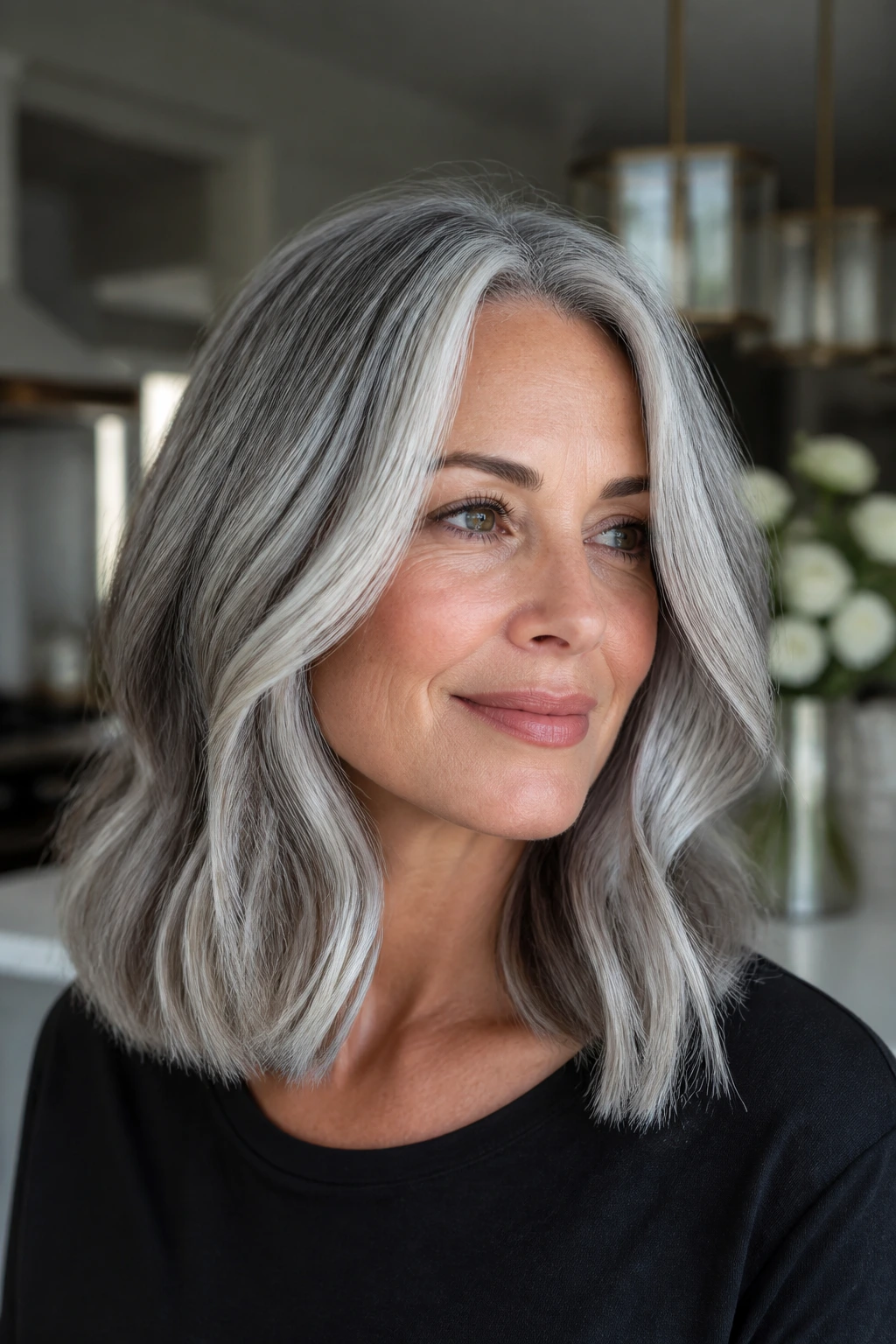 Close-up of a real woman with satin silver with chunky dimension on shoulder-length hair