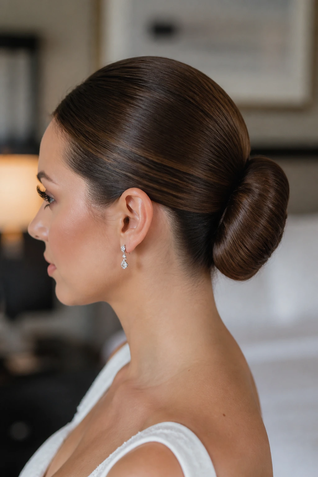 Bride side-profile with satin-sleek knot at back of head
