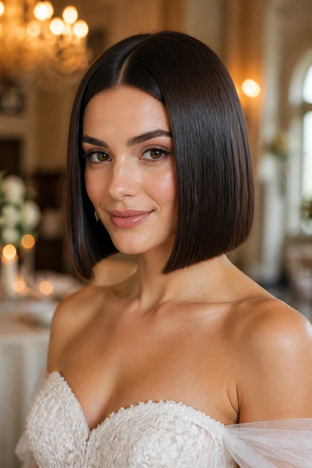 Close-up of bride with satin-straight blunt bob and middle part