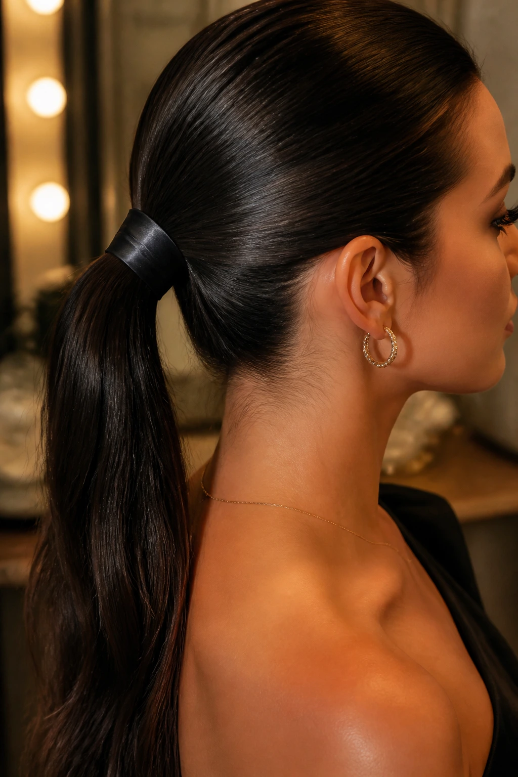 Close-up of a real person with a satin-strip wrapped ponytail