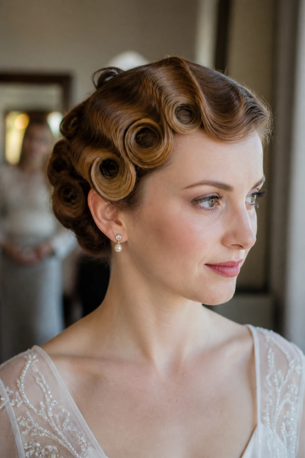 Bride with scalloped pin curl updo