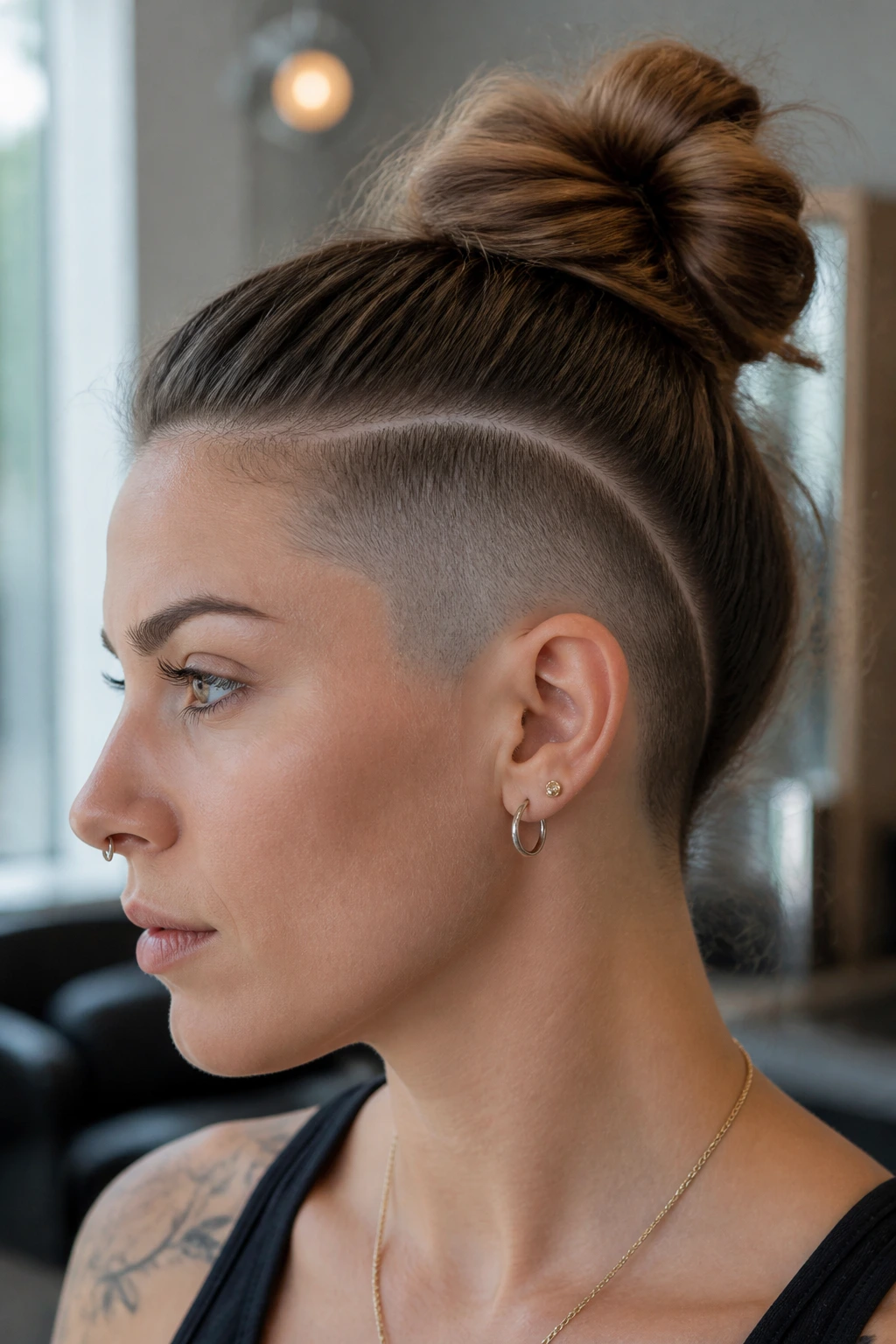 Close-up of real person with scalp-art frame cut on scalp