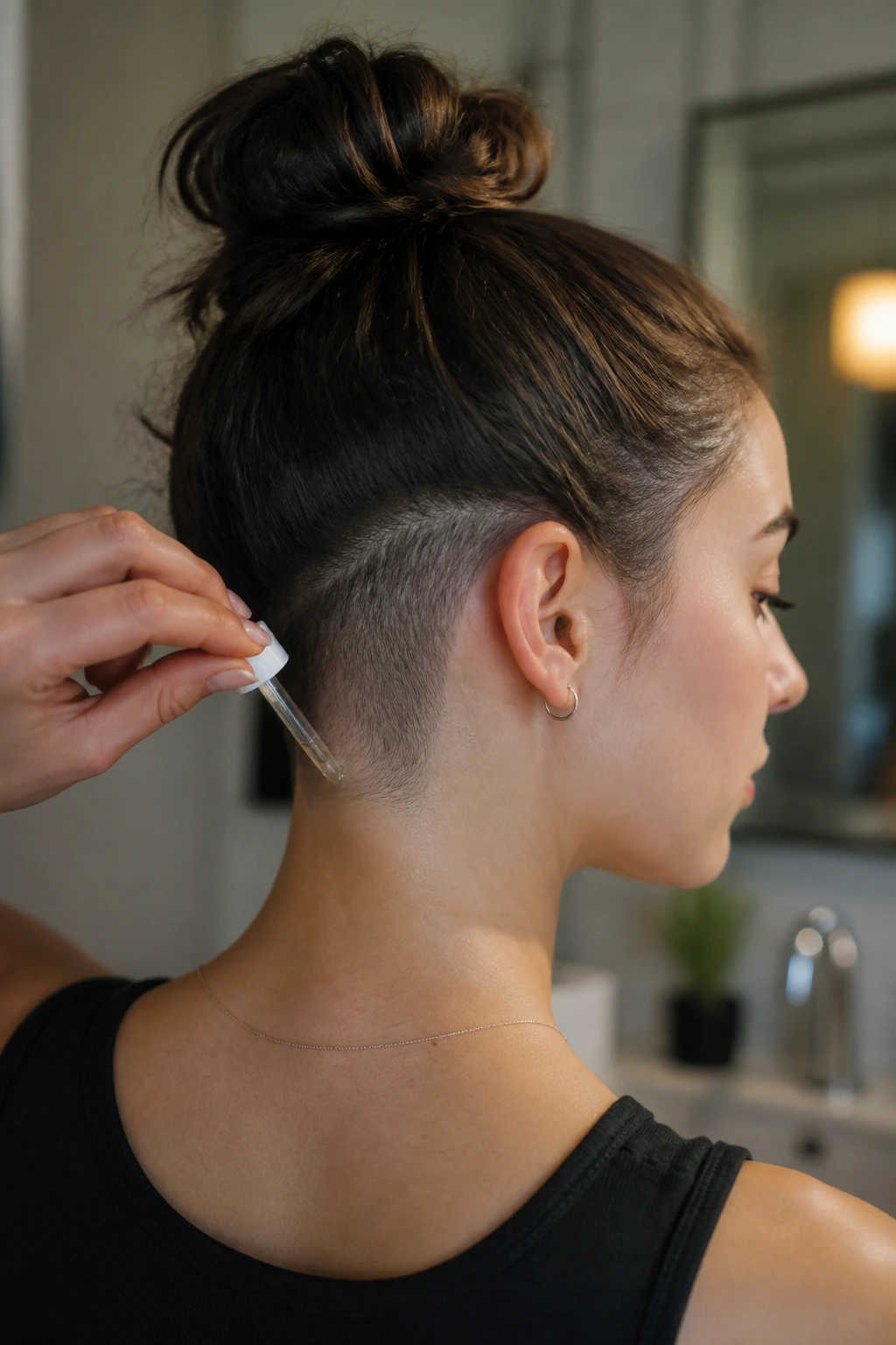 Close-up of a woman's shaved undercut being treated with scalp lotion