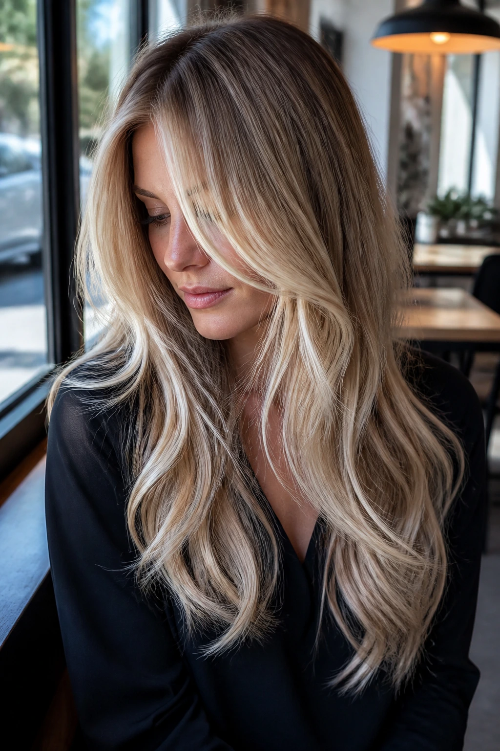 Portrait of a woman with layered long hair and scandi blonde balayage.