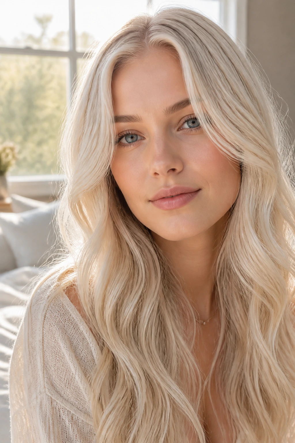 Close-up of a real woman with Scandi blonde hair in soft window light.