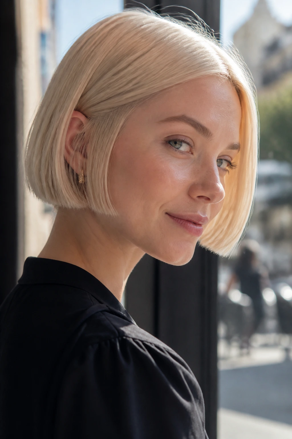 Real woman with jaw-length Scandi blonde micro bob in natural light