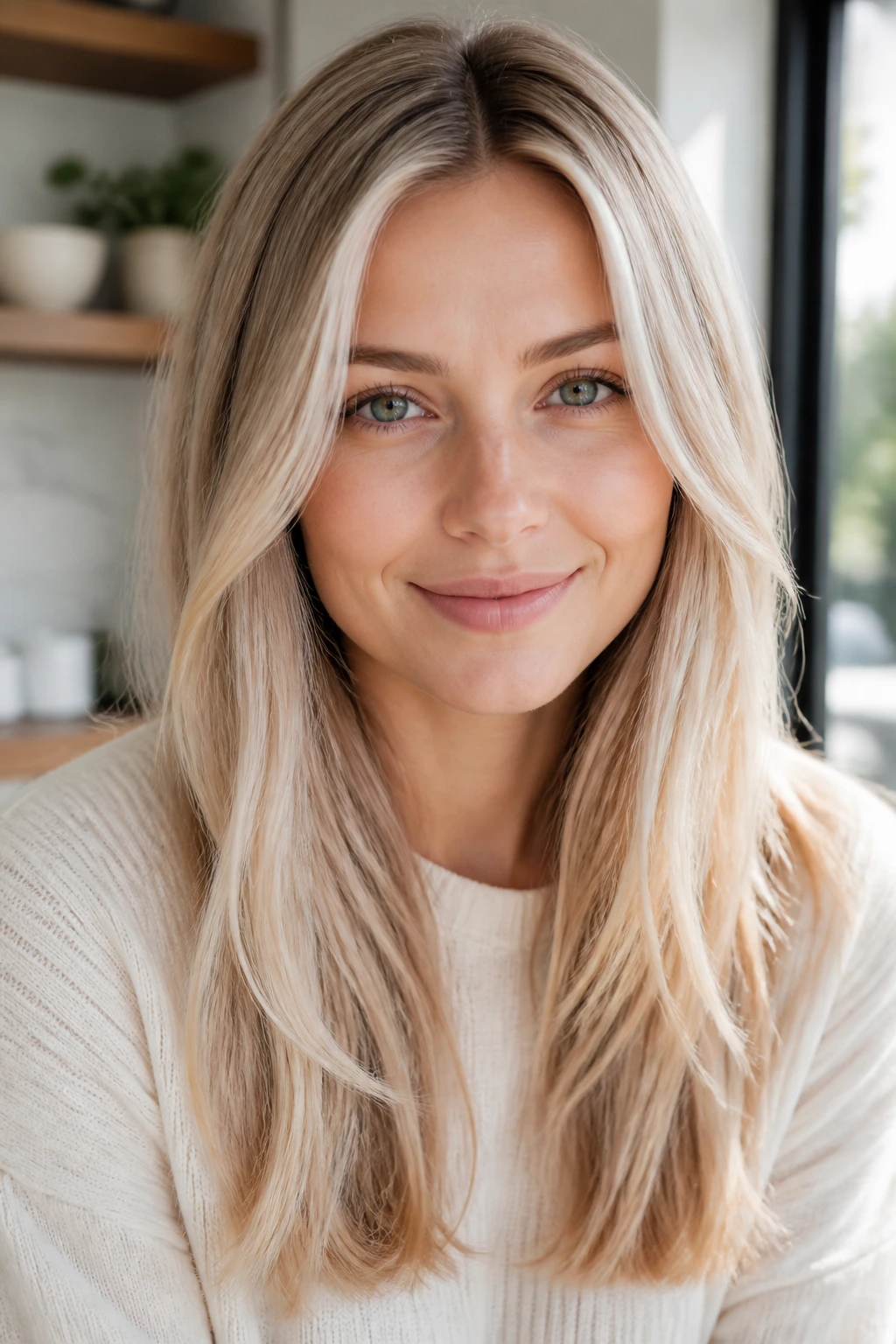 Close-up portrait of a real woman with scandi blonde hair and a soft root shadow