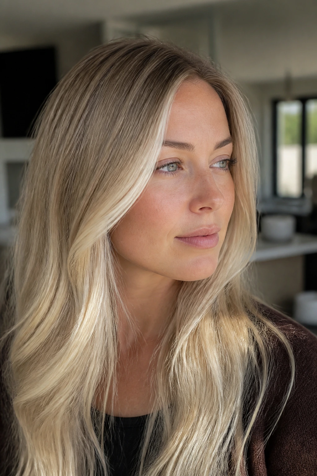 Close-up of a real woman with scuba-esque pale blonde hair and a soft root