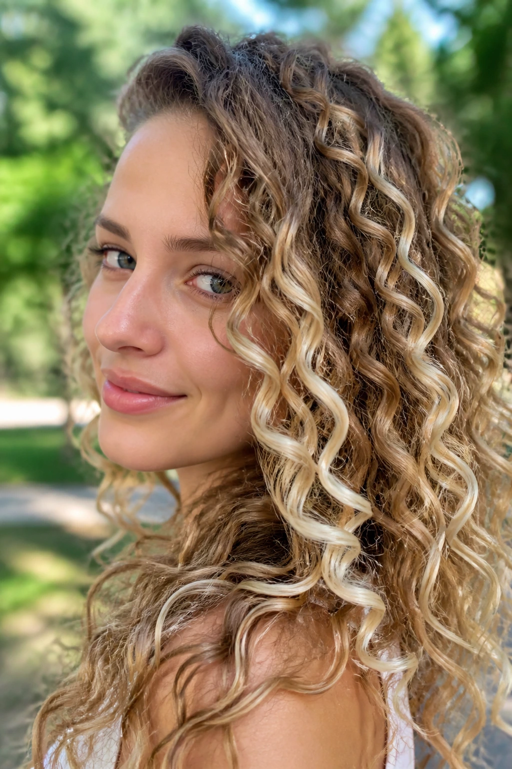 Close-up of curly hair with Scandi blonde spiral lights