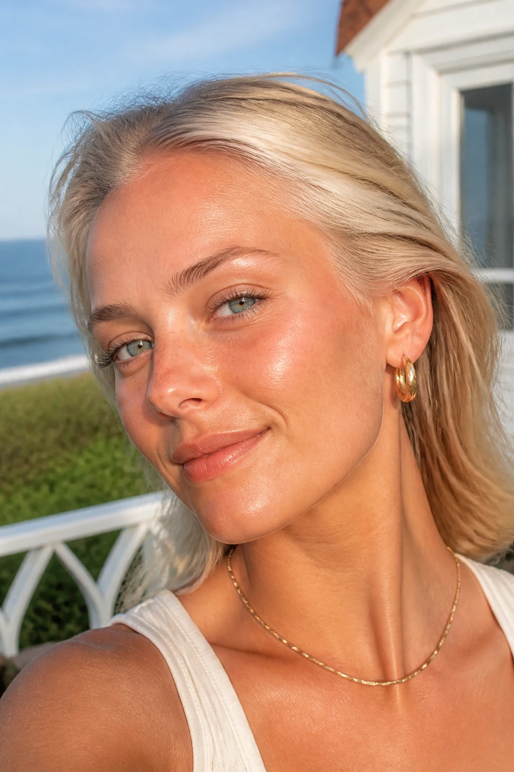 Close-up portrait of a woman with Scandi hairline blonde and airy ends
