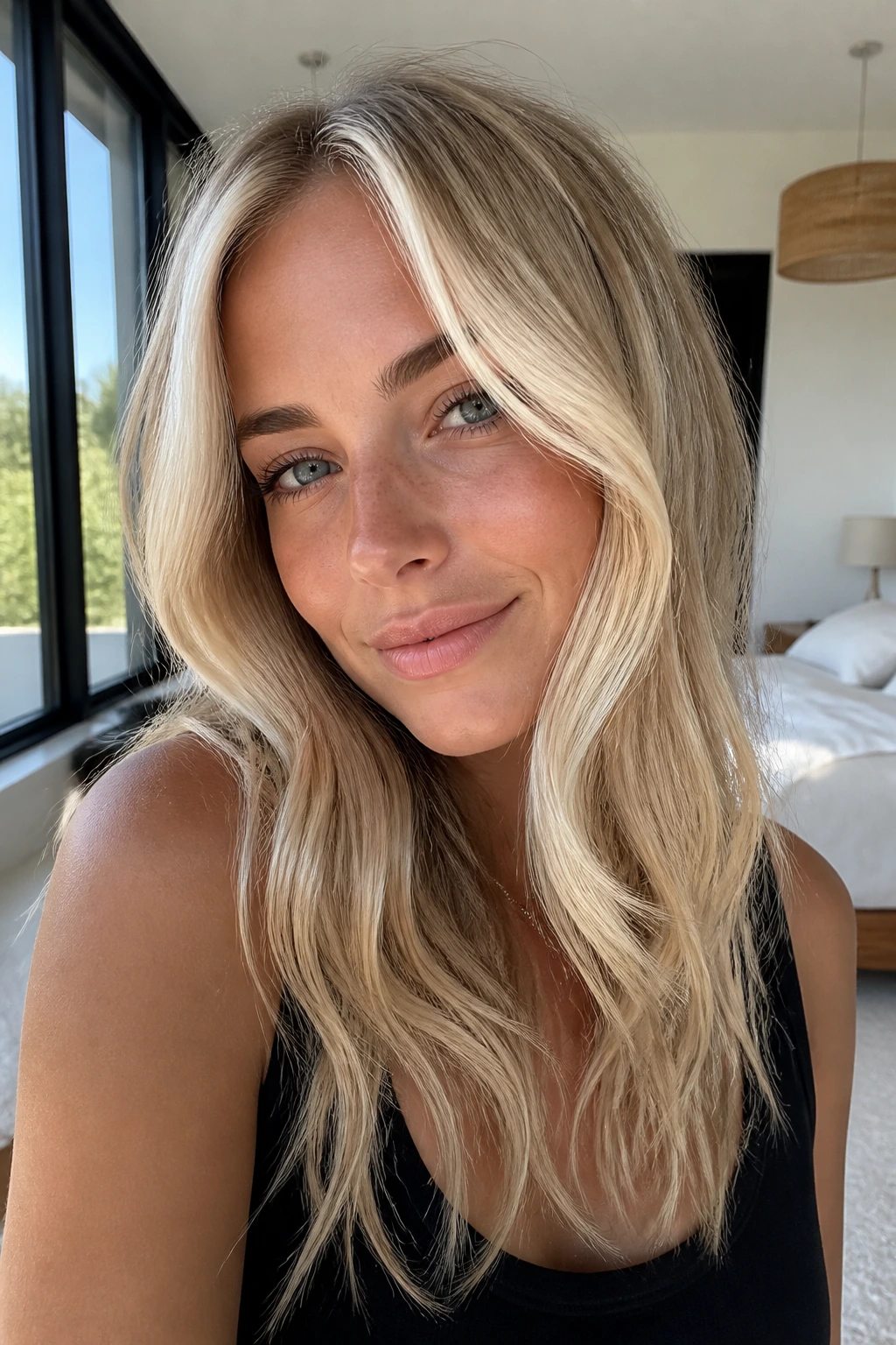Real woman with Scandi hairline blonde framing pieces by face in bright room