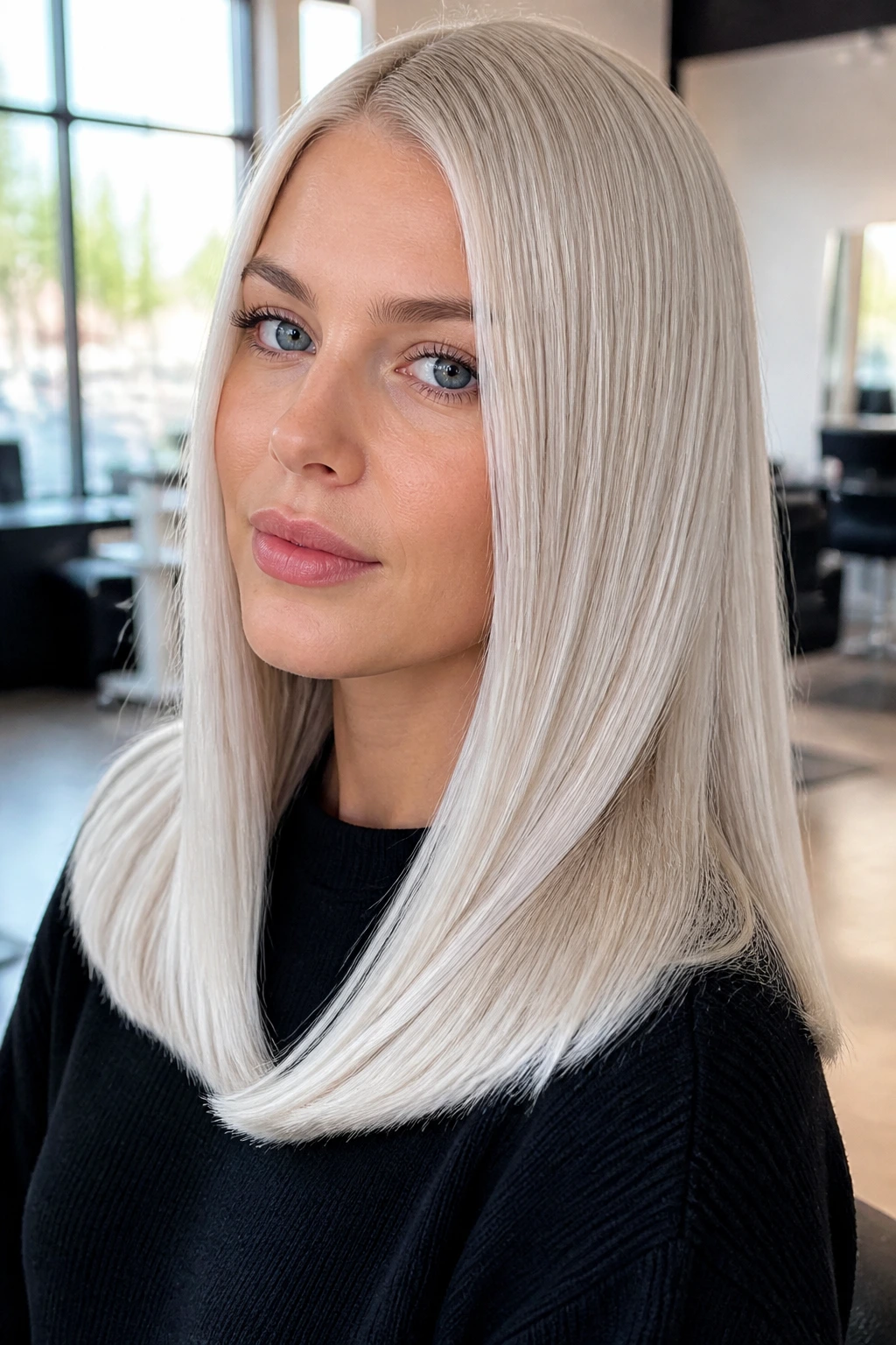 Close-up of a real woman with Scandi Ice Blonde hair and polished ends in natural window light