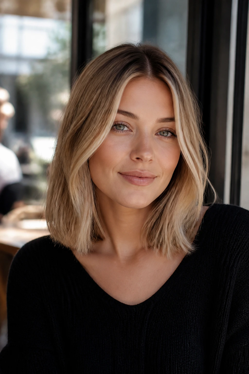 Close-up of a real person with a Scandi lob in sunlit cafe light