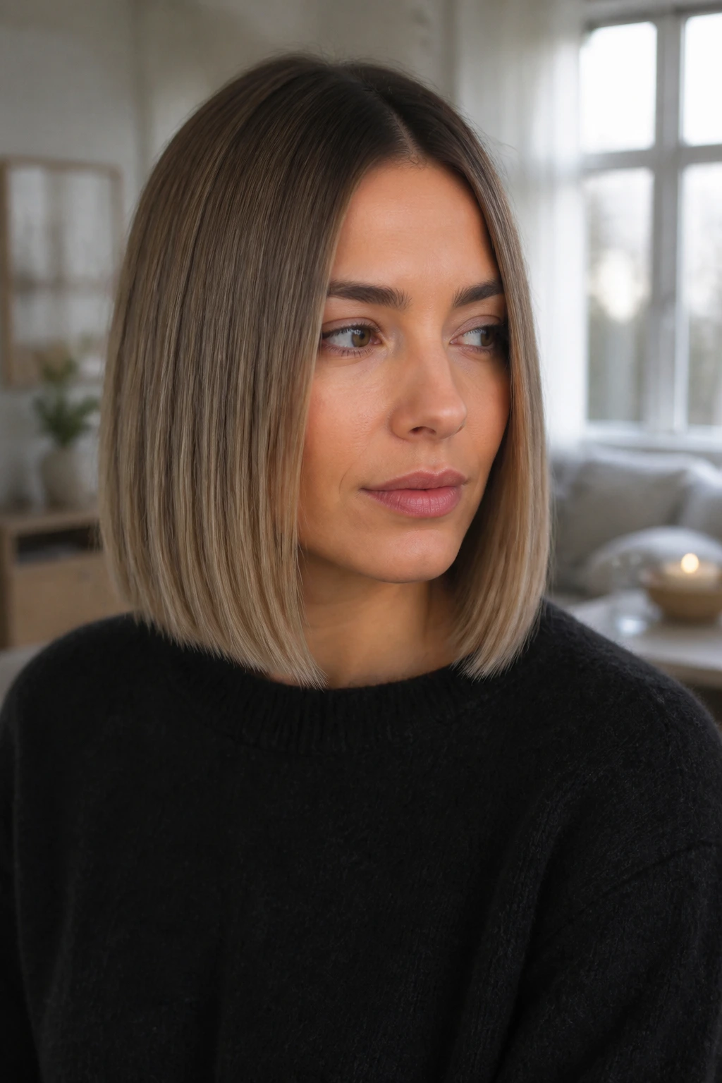 Close-up of a real woman with a Scandi minimal lob and precise line
