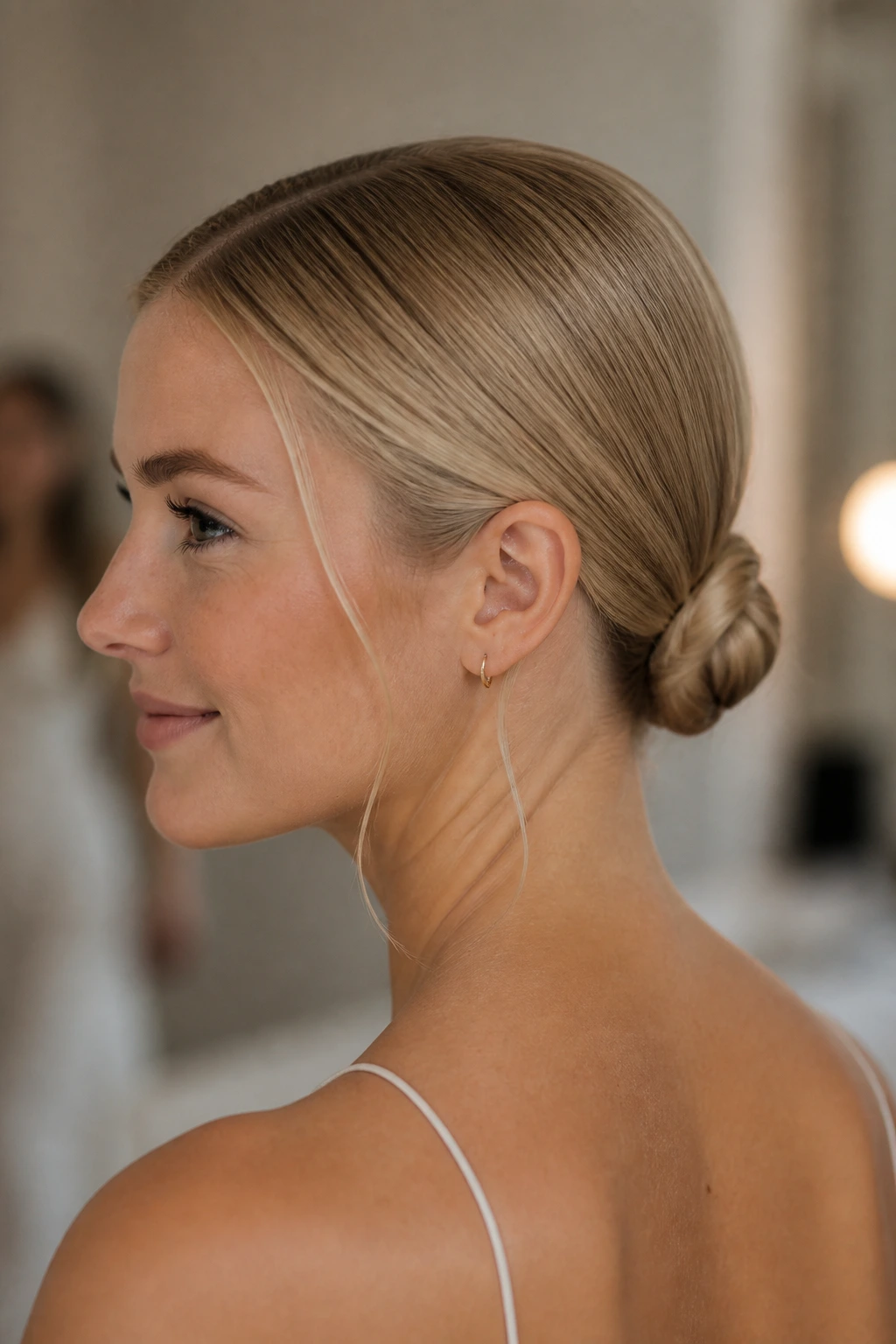 Close-up of a real woman with a Scandi-inspired sleek knot at the nape