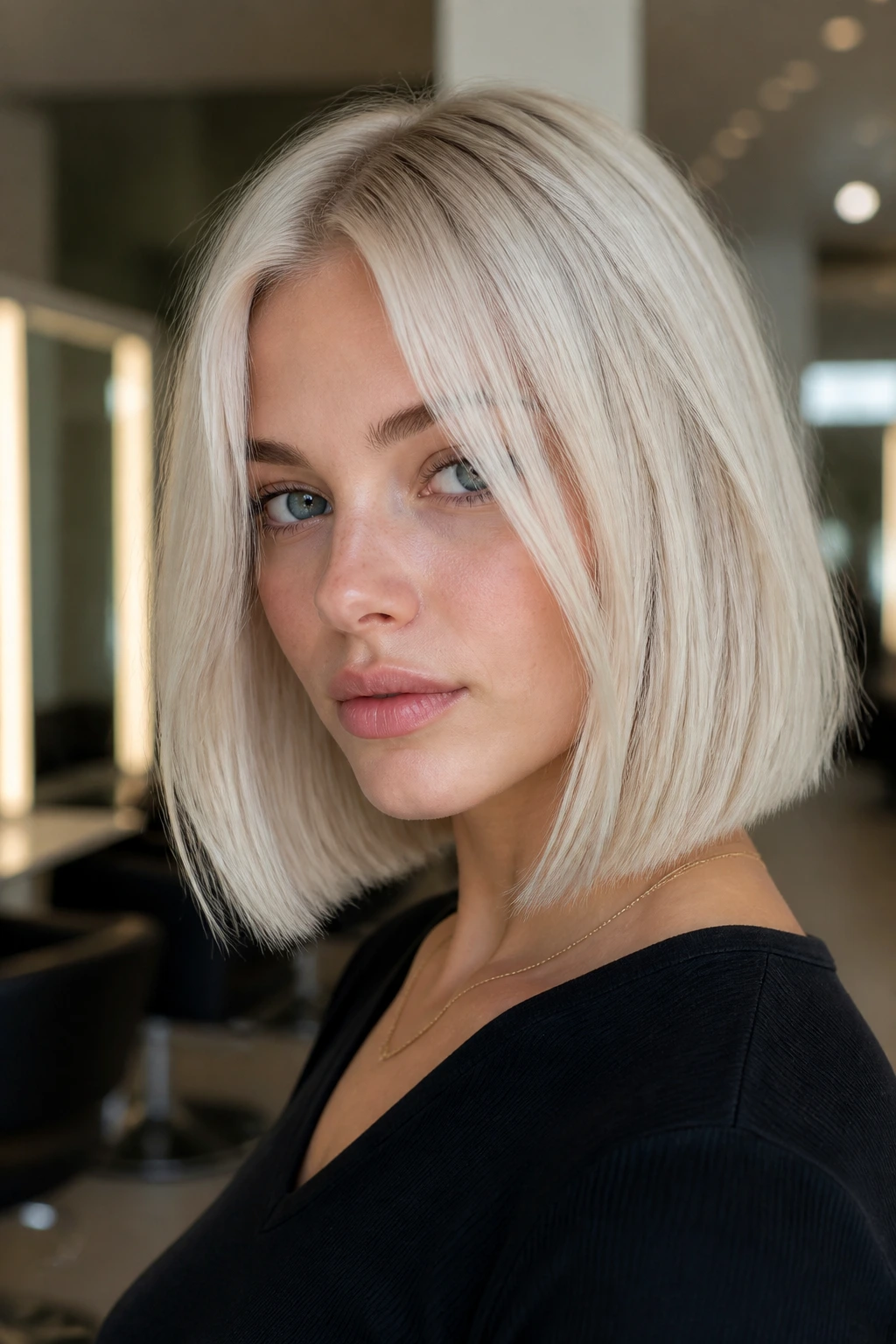 Close-up of a real person with Scandinavian blonde bob-lob hybrid hairstyle.