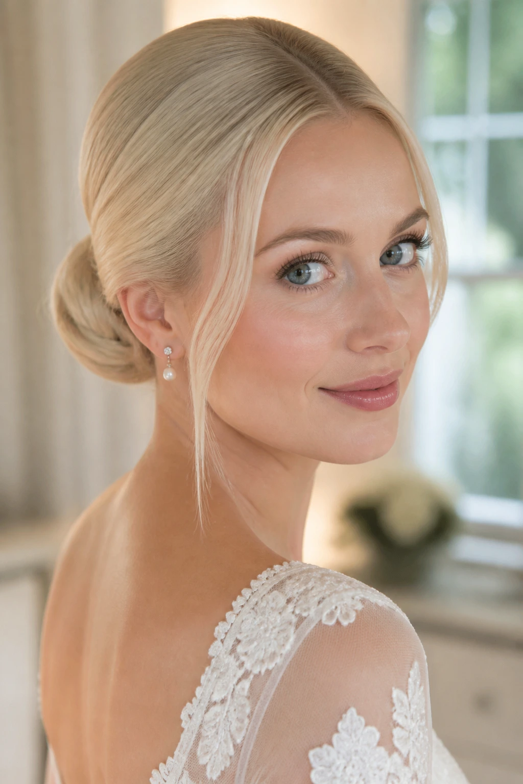 Close-up of a bride with Scandinavian Blonde hair in a sleek low bun under soft window light
