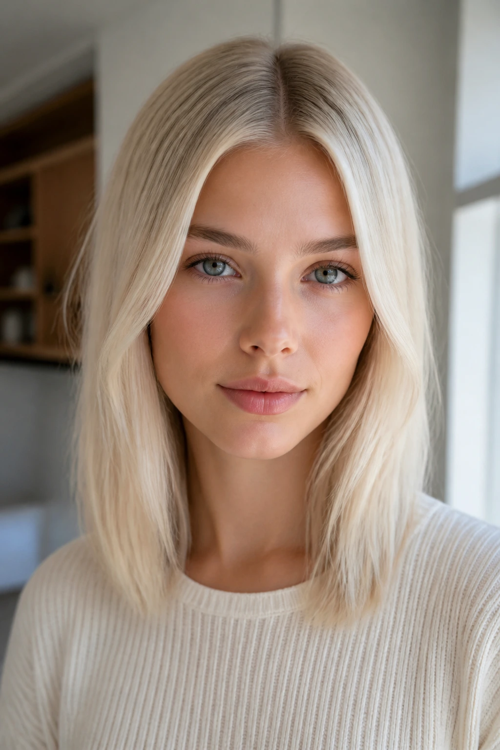 Close-up of a real woman with Scandinavian blonde and a clean center part
