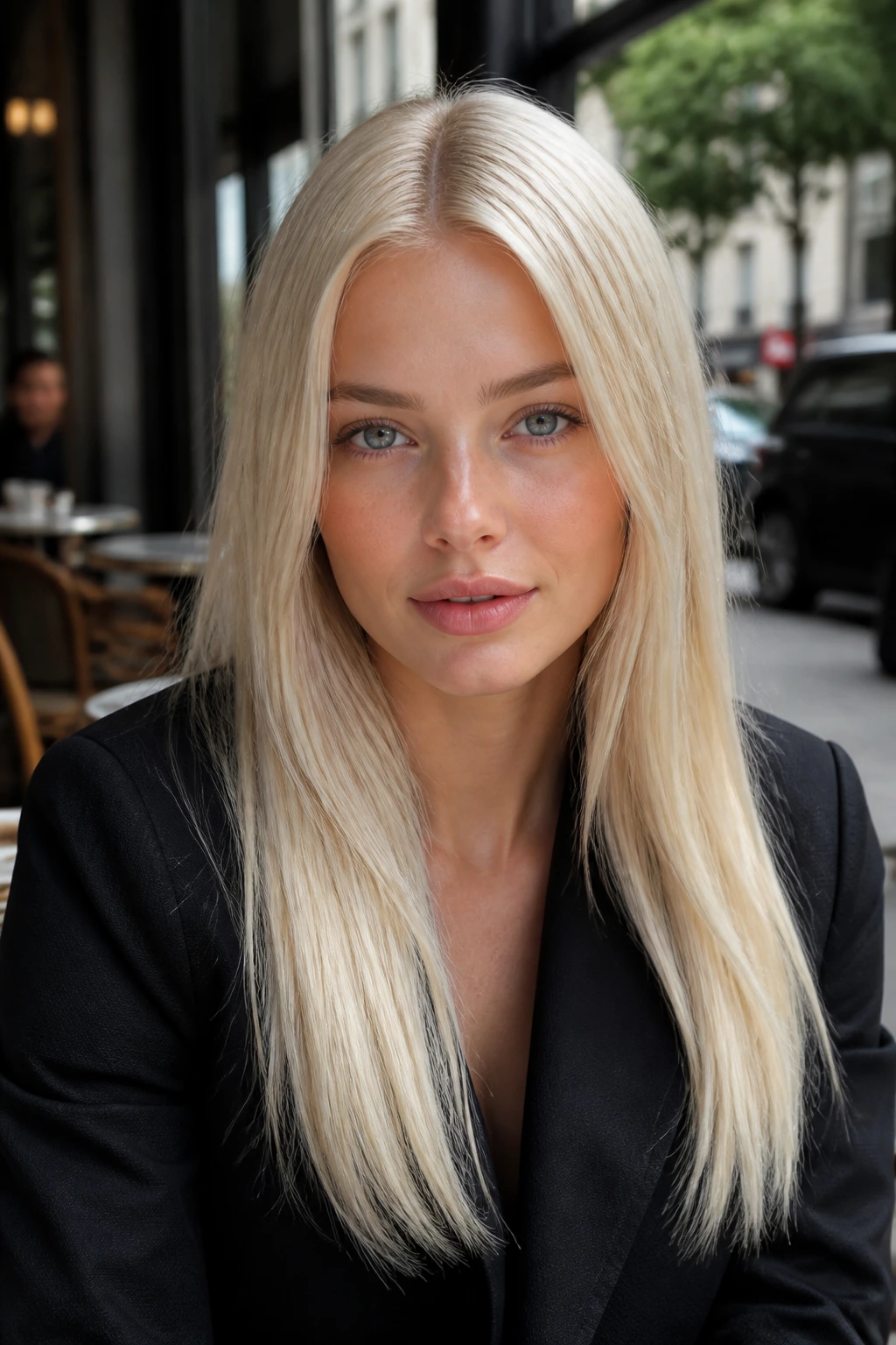 Real person with Scandinavian blonde and center part in natural daylight