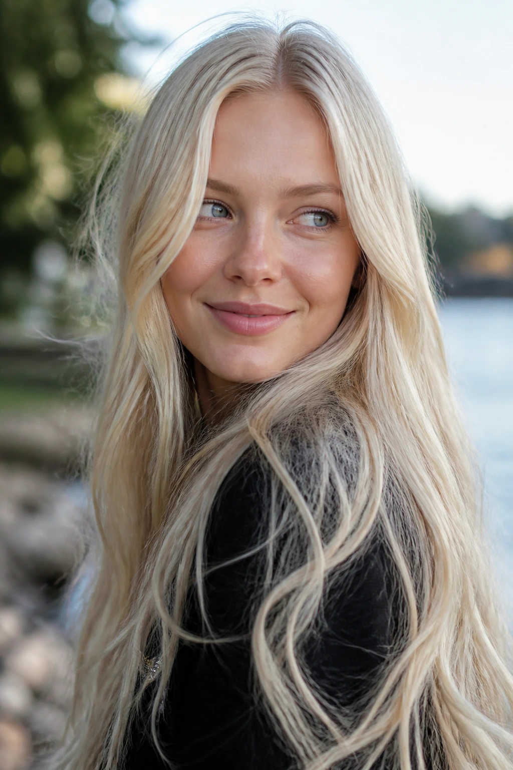 Real woman with Scandinavian blonde near-white hair outdoors
